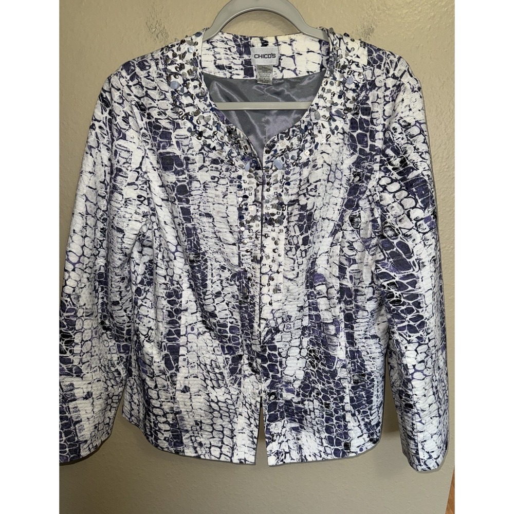 Chicos Jacket Blazer Python Snake Pattern Jeweled SZ 2 Large White Blue Layering
